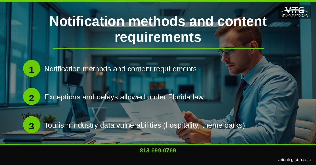Central Florida business owner reviewing data breach notification requirements on laptop with Florida statute documents