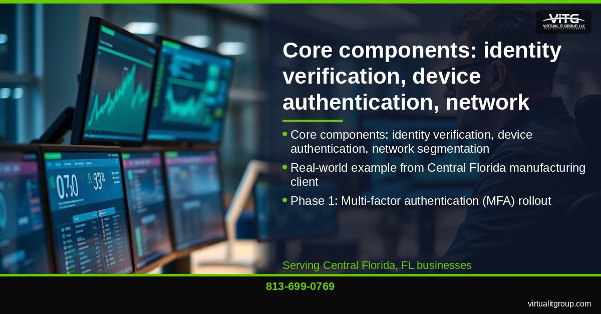Central Florida business owner reviewing Zero Trust security implementation plan on laptop
